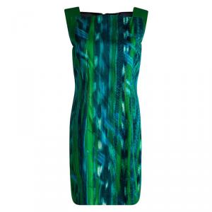 Elie Tahari Green Printed Leather Trim Sleeveless Dress M