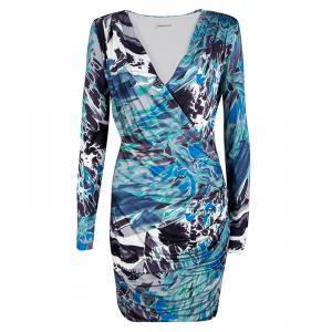 Emilio Pucci Multicolor Printed Silk Jersey Power Shoulder Draped Dress M