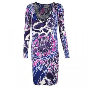 Emilio Pucci Multicolor Printed Silk Jersey Embellished Neck Detail Dress M