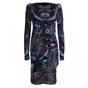 Emilio Pucci Purple Printed Knit Ruched Fringe Detail Dress M