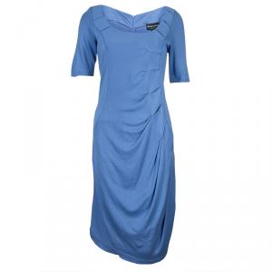 Pre Owned Emporio Armani Blue Knit Ruched Dress L