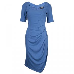 Pre Owned Emporio Armani Blue Knit Ruched Dress M