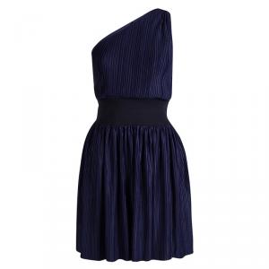 Pre Owned Emporio Armani Navy Blue Plisse One Shoulder Dress S