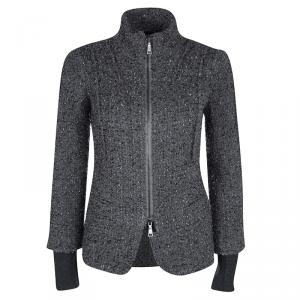 Pre Owned Emporio Armani Grey Textured Wool Zip Front Jacket S