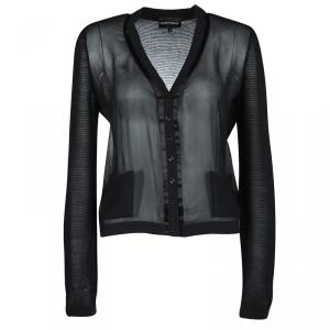 Pre Owned Emporio Armani Black Knit Combination Fabric Detail Cardigan M