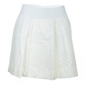 Pre Owned Emporio Armani Off-White Floral Laser Cut Overlay Gathered Skirt L