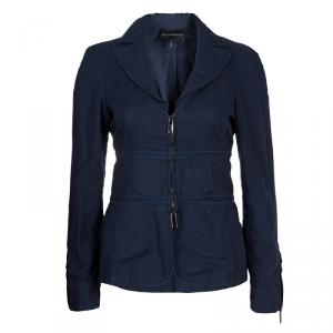 Pre Owned Emporio Armani Navy Blue Notched Collar Cotton-Linen Jacket S