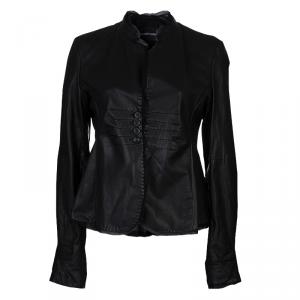 Pre Owned Emporio Armani Black Leather Chiffon Trim Fitted Jacket L