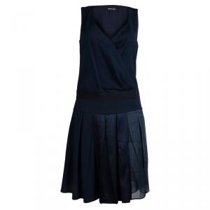 Pre Owned Emporio Armani Navy Blue Box Pleated Overlap Sleeveless Dress S                                    