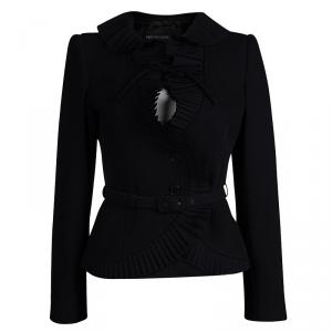 Pre Owned Emporio Armani Black Frill Detail Belted Blazer S