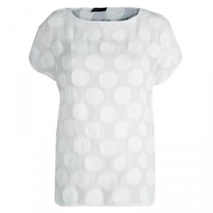 Pre Owned Emporio Armani White Polka Dot Chiffon Jacquard Short Sleeve Top M