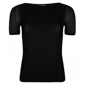 Pre Owned Emporio Armani Black Rib Knit Short Sleeve Top S