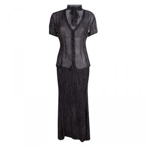 Escada Navy Blue Dot Print Silk Blouse and Skirt Set M