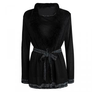 Escada Black Lurex Knit Fur Trim  Beaded Cardigan and Sleeveless Top Set M