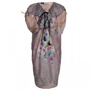 Etro Printed Ruffle Collar Tassel Tie-Up Crushed Silk Dress M