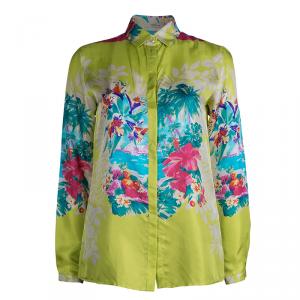 Pre Owned Etro Lime Green Floral Printed Silk Long Sleeve Button Front Shirt S