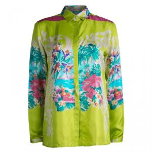 Pre Owned Etro Lime Green Floral Printed Silk Long Sleeve Button Front Shirt M