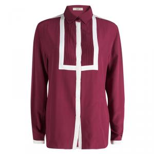 Pre Owned Etro Pink Silk Pintuck Detail Contrast Trim Long Sleeve Blouse L