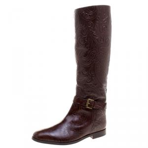 Etro Brown Paisley Embossed Leather Knee High Boots Size 40