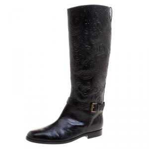 Etro Black Paisley Embossed Leather Knee High Boots Size 40