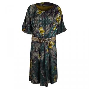 Pre Owned Etro Multicolour Print Embellished Waist Detail Short Sleeve Dress L