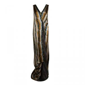 Pre Owned Etro Animal Printed Silk Draped Sleeveless Maxi Dress S