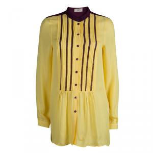 Etro Yellow Silk Pintucked Lace Insert Long Sleeve Blouse M