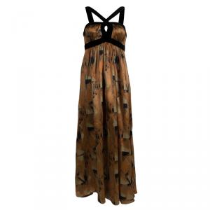 Pre Owned Etro Multicolor Printed Silk Velvet Trim Maxi Dress M