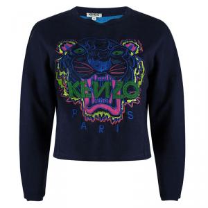Kenzo Navy Blue Embroidered Tiger Motif Cropped Sweatshirt S