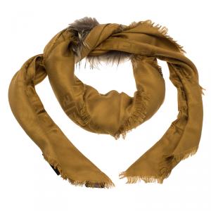 Pre Owned Fendi Brown FF Monogram Silk, Wool & Murmansky Fur Shawl
