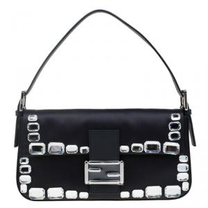 Fendi Black Satin/Leather Crystal Embellishments Baguette Shoulder Bag