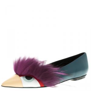 Pre Owned Fendi Blue Leather and Fur Monster Bug Pointed Toe Flats Size 38