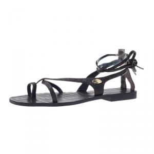 Pre Owned Fendi Brown Zucca Leather Ankle Wrap Flat Sandals Size 38.5