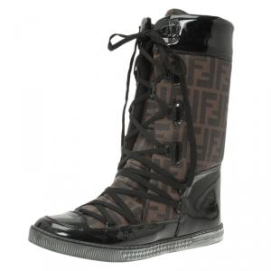 Pre Owned Fendi Brown Zucca Canvas and Black Leather Lace Up Snow Boots Size 38