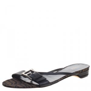 Pre Owned Fendi Black Leather Buckle Flat Slides Size 39