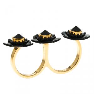 Pre Owned Fendi Blossom Black Resin & Gold Tone Flower Two Finger Ring M