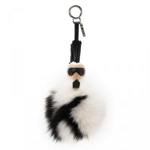 Pre Owned Fendi White/Black Pompom Fox-fur Super Karlito Bag Charm