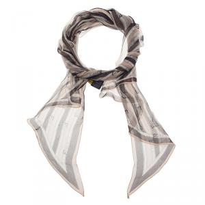 Pre Owned Fendi Two Tone Silk Striped Buckle Print Scarf 