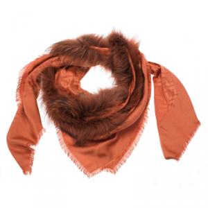 Pre Owned Fendi Orange Zucca Fur Trimmed Shawl