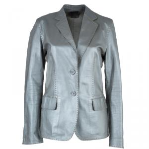 Pre Owned Fendi Metallic Grey Leather Blazer L