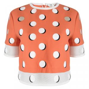Pre Owned Fendi Orange Dotted Mesh Trim Detail Top M