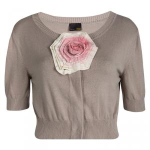 Pre Owned Fendi Beige Floral Applique Detail Short Sleeve Cropped Cardigan M