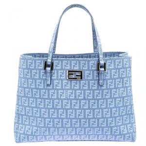 Pre Owned Fendi Baby Blue Zuchinno Coated Canvas Small Tote