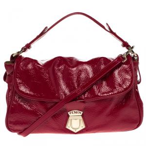 Pre Owned Fendi Red Patent Leather Push Lock Satchel