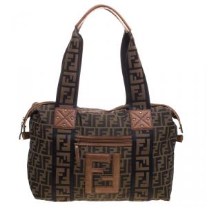 Pre Owned Fendi Brown Zucca Canvas Large Boston Bag