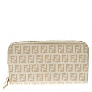 Pre Owned Fendi White/Beige Zucchino Spalmati Zip Around Wallet