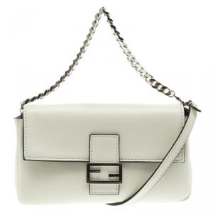 Fendi White Leather Micro Baguette Shoulder Bag