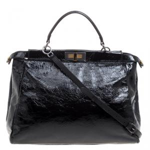 Pre Owned Fendi Black Patent Leather Large Peekaboo Top Handle Bag