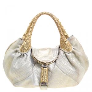 مملوكة مسبقًا Fendi Gold/Grey Textured Leather Spy Hobo