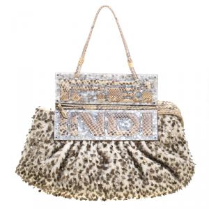 Pre Owned Fendi Cream/Beige Tweed/Sequin and Python To You Convertible Clutch Bag